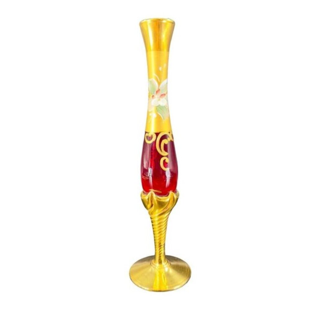 Venetian Art Glass Vase Raised Flowers Ruby Red Heavy Gold Painted Made In Italy